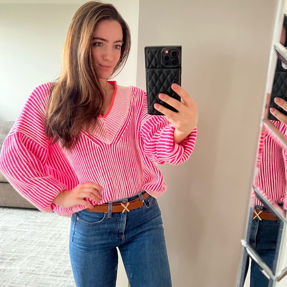 Pink Stripe V Neck Sweater